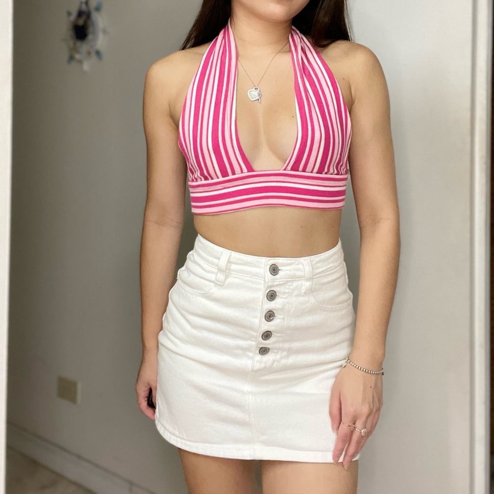 SHEIN pink striped halter crop top